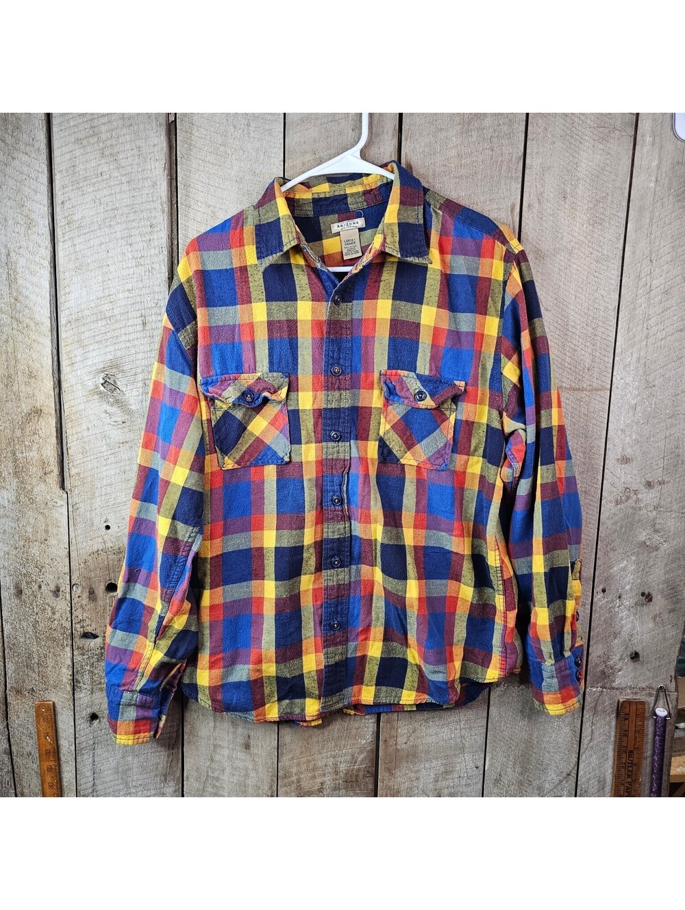 Arizona Jean Company Men's Large Plaid Flannel Shirt Long Sleeve Button Up Red